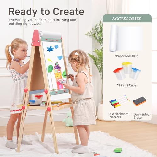 Image of WINGYZ 3-in-1 Art Easel for Kids - Sturdy Pine Wood Easel with Magnetic Whiteboard, Chalkboard & 400 inch Paper Roll, Foldable Adjustable Heights for Ages 2-12, Complete Tool-Free Art Station