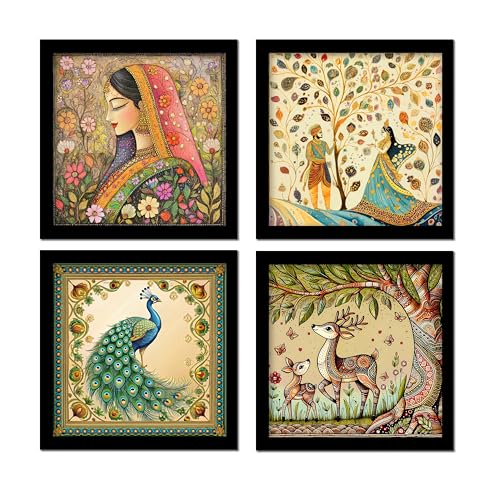 Rousrie Madhubani Art Framed Painting For Home, Living Room, Hall | Traditional Rajasthani Pichwai Art Paitnings With Frame For Home Decor (Set Of 4)