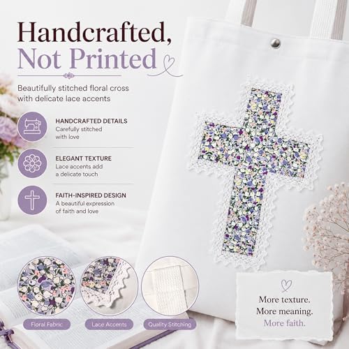 Image of Christian Tote Bag Gift for Women, Canvas Bible Bag Handmade Floral Cross | Christian faith-inspired gift, handcrafted cross with lace, inner pocket, snap closure, bottom gusset, church Bible study use