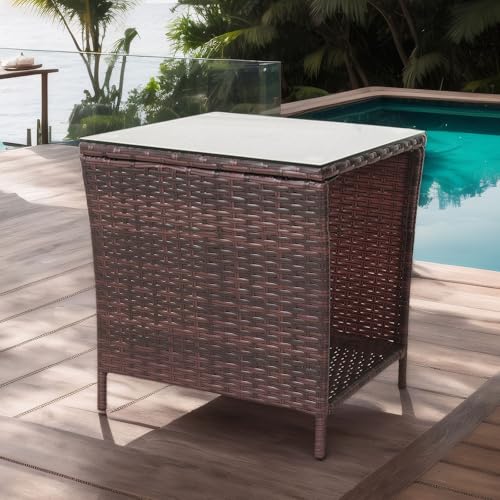 Outdoor Wicker Side Table with Tempered Glass Top Weatherproof Rattan Patio End Coffee Table with Storage Shelf for Balcony Garden Porch Poolside