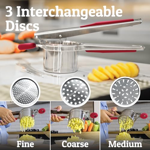 Image of PriorityChef Large 15oz Potato Ricer With 3 Discs, Heavy Duty Stainless Steel Potato Ricer for Mashed Potatoes, Potato Masher, Press and Ricer Kitchen Tool, Red