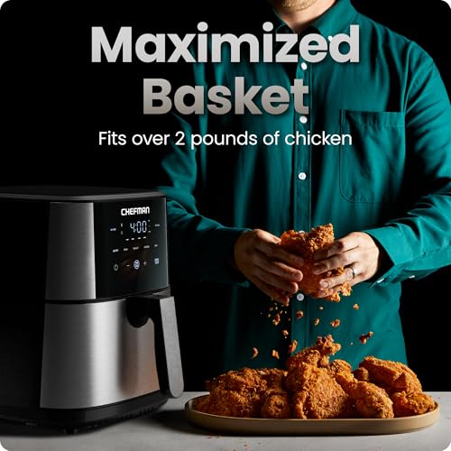 Image of Chefman Air Fryer 6 Qt | TurboFry 5-in-1 with 450F Hi-Fry Option for Crispier Results | Bake, Dehydrate, Frozen | XL Nonstick Dishwasher-Safe Basket | Stainless Steel