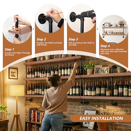 Image of Industrial Wine Rack Wall Mounted, Solid Wood Shelf with Metal Pipe Brackets, 2-Tier Rustic Hanging Organizer for Wine Bottle Storage in Kitchen, Bar, Pub, Cellar(Weathered Brown, 48 Inch)