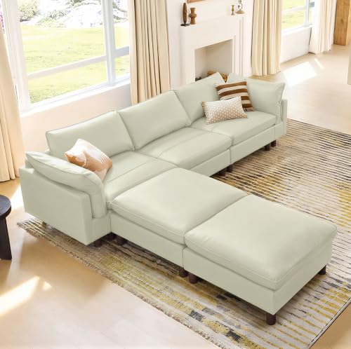 Image of CHITA 127 inch Leather Super Large Sectional Couches for Living Room, Modular Cloud Sofa, Premium Genuine Leather Sofa, Down Filled, High Density Foam, Real Leather in Cream, 5 Seat U Shaped