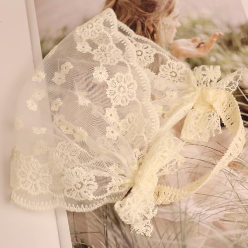 Baby Girls Headband Lacy Bow Pearl Wide Hair Band Turban for Infants Newborn Toddler Floral Ivory Elastic Head Wrap Breathable Sun Bonnet Hair Accessories (Ivory F)4