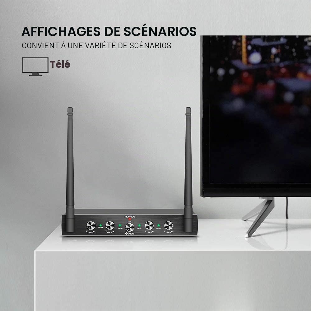 Debra Audio Pro Système Microphone sans Fil UHF 4 Canaux avec Microphone à Main sans Fil, Récepteur Métallique, Idéal pour Karaoké et Fêtes d'Église (Fréquence A)