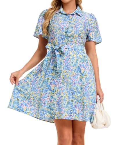Image of Women Long Sleeve Spring Button Down A-Line Floral Print Summer Cocktail Shirt Dresses with Belt
