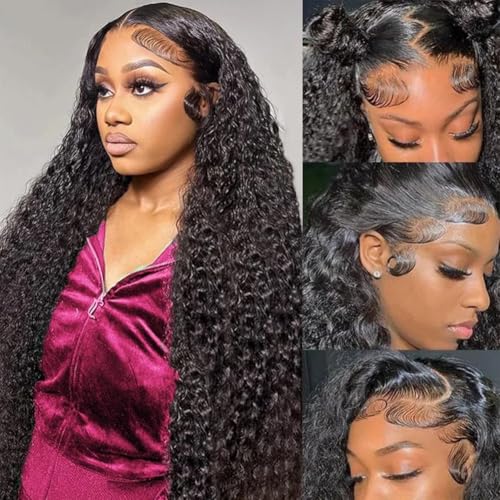 Image of Aomllute 36 Inch Lace Front Wig Human Hair Pre Plucked 200 Density 13x4 HD Deep Wave Lace Frontal Wigs Human Hair with Baby Hair Curly lace front Wigs for Women Natural Black