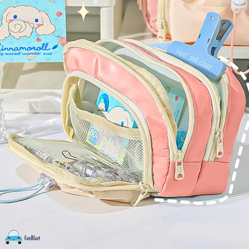 Image of FunBlast Pencil Pouch for Girls - Multiple Compartment Zipper Pouch with Drawstring Pocket, Aesthetic Pouch for Girl, Kawaii Pencil Case, Cute Pouches for Girls, Return Gift for Kids (Pink)