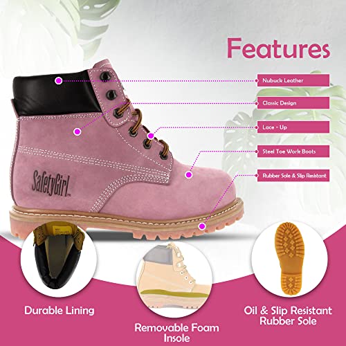 Image of Safety Girl - Stylish Steel Toe Boots For Women | Work Boots For Women | Water Resistant Feature | Lightweight & Slip-Resistant Soft Toe Shoes For Women | Premium Nubuck Leather | Light Pink - 7W