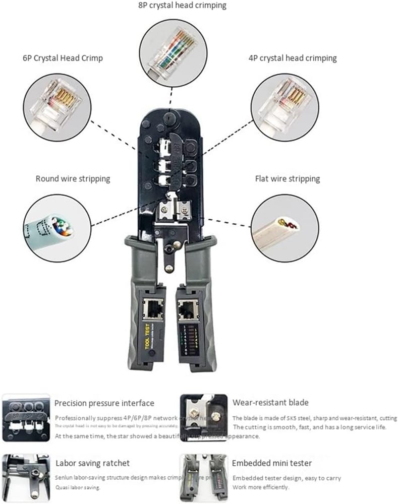 Crimper Network Cable Tester Cutting Tool for Cat7 Cat6 Cat5 RJ11 RJ12 RJ45 Crimper Metal Clip