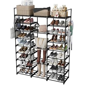 FINEW Schuhregal mit 9 Ebenen, DIY Schuhablagen aus Metall, 50-55 Paar Schuhe Aufbewahrung, Standregal Schuhschrank mit Haken für Wohnzimmer, Ankleidezimmer und Flur – Schwarz