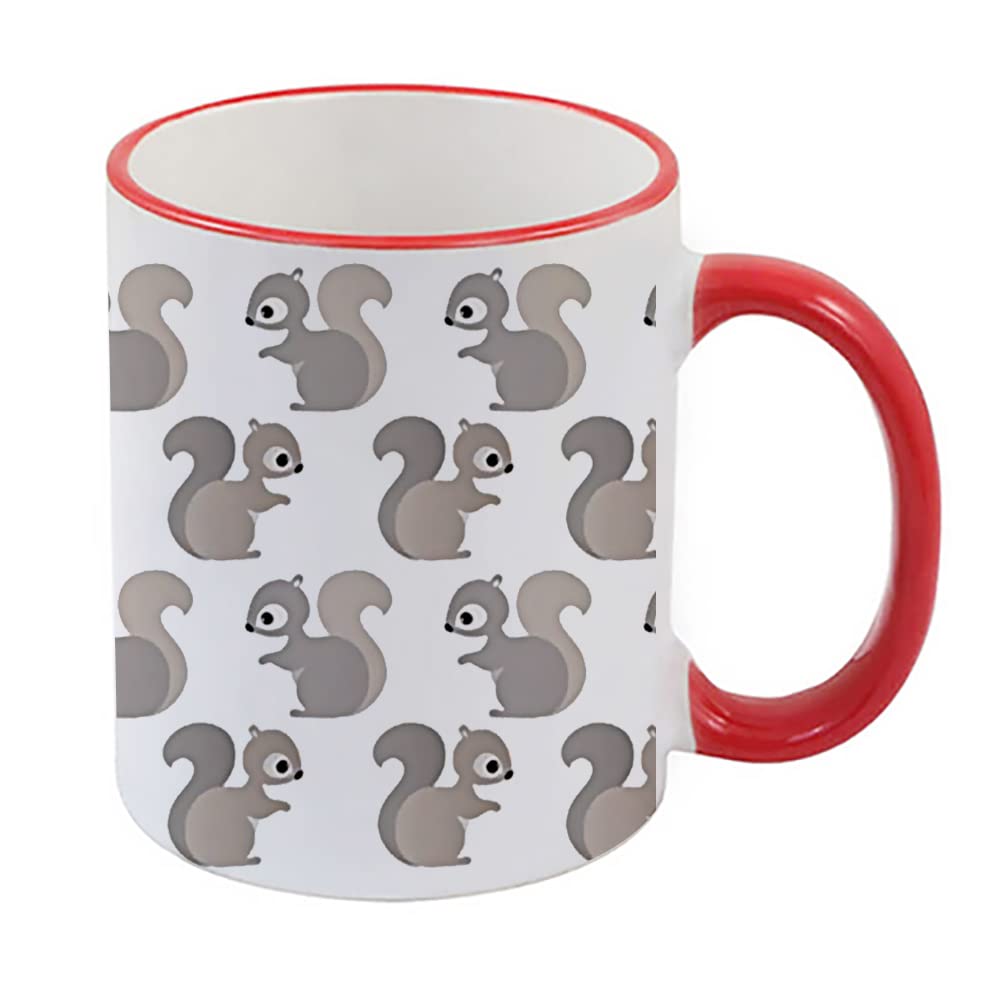 Grey Squirrel Pattern Mug, Gift for Animal Lover, Gift for Birthday, Christmas, Gift for Men, Women, Coffee, Tea 11oz Ceramic Rim Mug. (Red Rim)