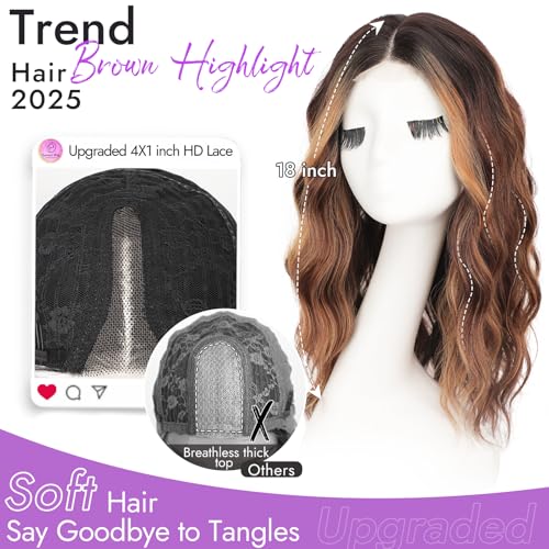 Image of Eawwii Wigs for Women Brown Highlight,Short Wavy Synthetic Lace Wig | Glueless 4x1 Lace Hairline, Heat-Resistant Fiber,Bob Wave Style,Natural Appearance for Everyday Cosplay 18 Inch