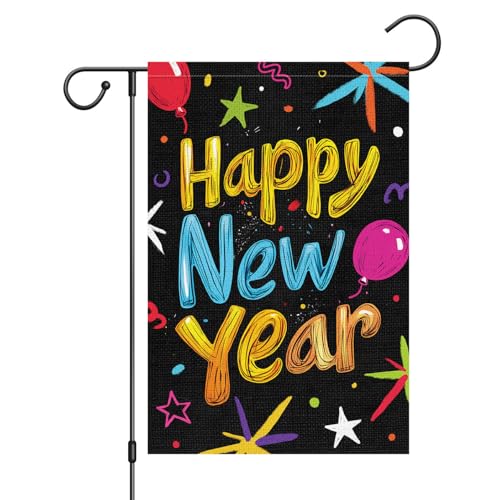 Louise Maelys Happy New Year Garden Flag Double Sided 12x18 Inch Ballon Small Burlap Welcome Winter Holiday Yard Outdoor Outside House Decoration