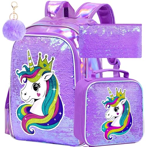 Image of CCJPX 16 inch Unicorn Backpack for Girls, 3Pcs Kids Sequin Bookbag with Lunch Box, Water Resistant Elementary School Bag for Kindergarten Preschool Toddler (Purple)