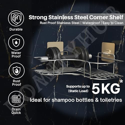 Image of Stainless Steel Corner L Shelf Storage Organizer Bathroom & Kitchen | No Drill Self Adhesive Corner Stand for Kitchen Sink | Wall Mount Bathroom Organiser Shelves Rustproof (Set of 1)