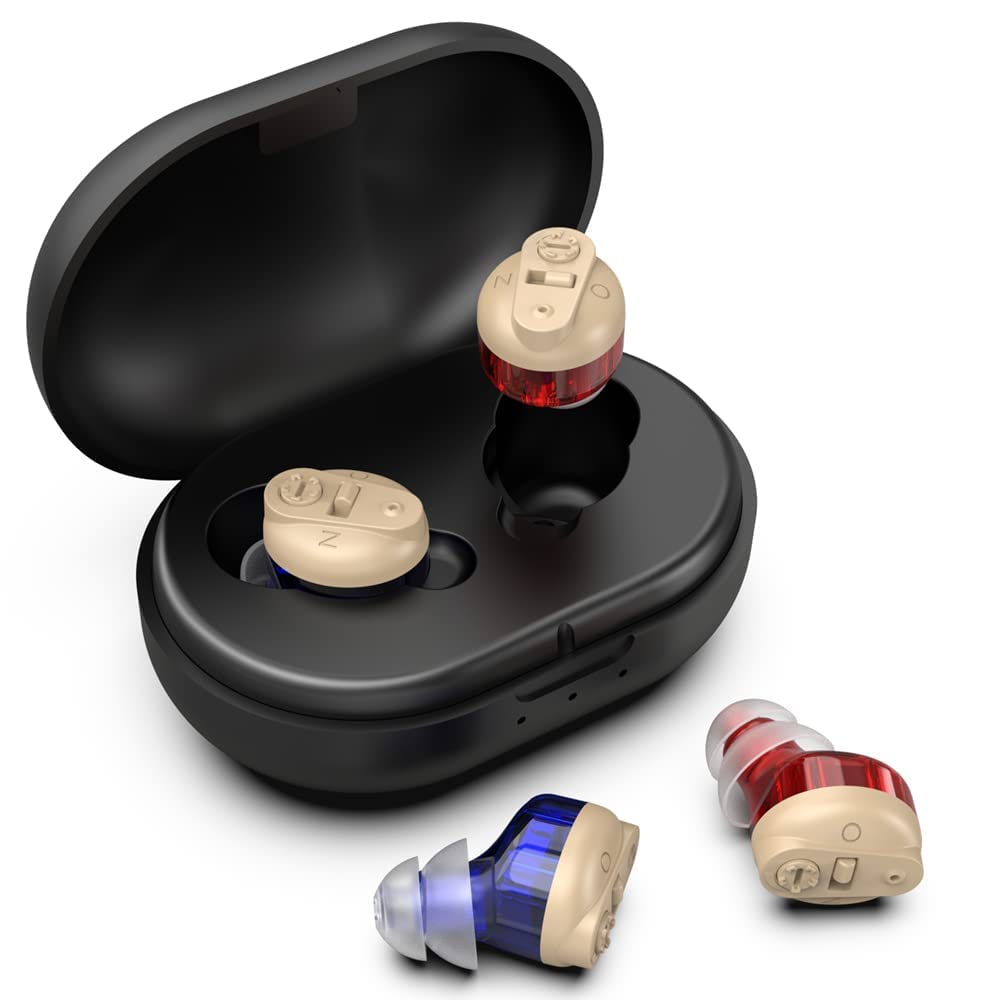 Nano Rechargeable Hearing Aids For Seniors With Noise Cancelling Hearing Amplifiers For Seniors Hearing Loss Mini Invisible Hearing Aids With Charging Case Pair,blue & Red