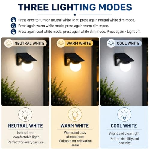 Image of XERGY Solar Powered Outdoor Globe Design Wall Light | 3 Color Modes | Dimmable | 3600mAh Battery | Auto ON /Off Dusk to Dawn | Waterproof Lamp for Garden Fence, Gate, Balcony, Porch & Pathway