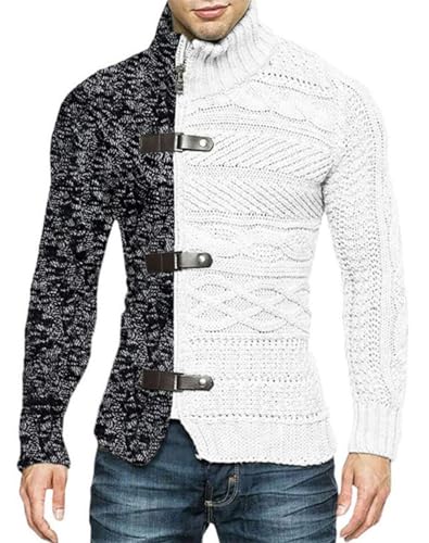 Mens Cable Knitted Cardigan Sweater Turtleneck Long Sleeve Slim Fit Winter Zipper Front Casual Pullover Sweaters
