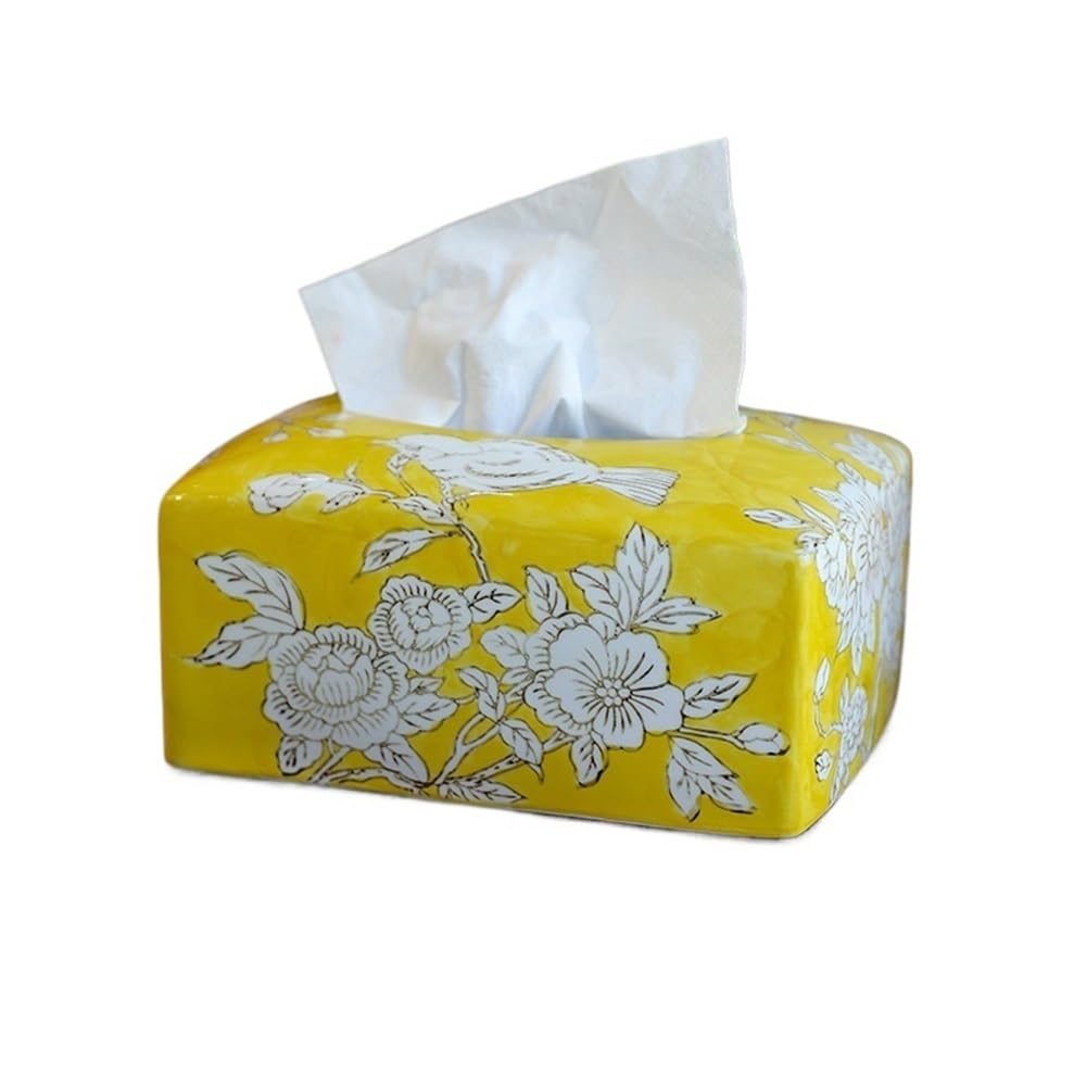 Tissue Case Chinese Style Tissue Box Holder Ceramics Dispenser for Facial Napkins Dryer Sheets Perfect for Bathroom Desks Countertops Tissue Dispenser(Yellow)