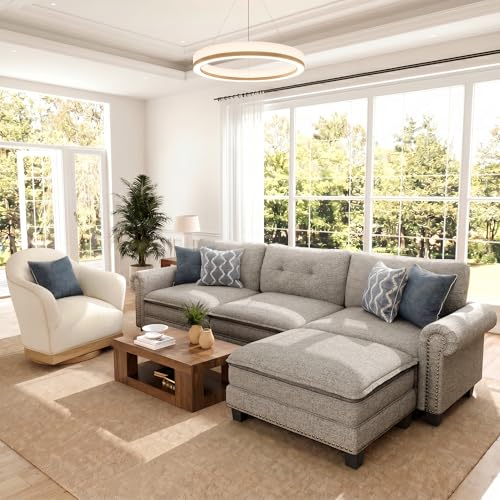 Image of HERA'S HOUSE Living Room Set - 4-Seat L-Shaped Sofa & Swivel Chair | Mid-Century Modern Cloud Couch & Accent Chair Set, Linen Light Grey Couch & Corduroy Beige Chair, Rolled Arms & Nailhead Trim