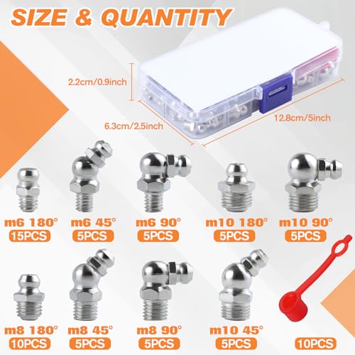 Image of 70 PCS Metric Hydraulic Grease Fittings Assortment, M6 M8 M10 Straight 45 90 Angled Zerk Grease Fitting with Cap, Galvanized Steel Grease Zerk Kit for Bearing Housing Mechanical Lubrication