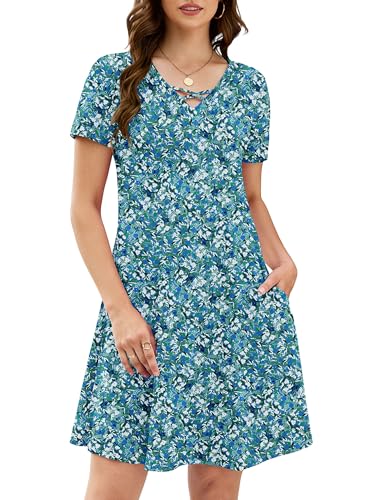 Image of KORSIS Women's Dresses Summer Casual T-Shirt Short Sleeve Criss Cross V Neck Swing Beach Vacation Sundress Dress with Pockets