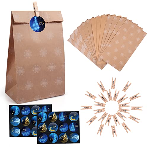 Calendrier de l'Avent à Remplir - 26 pièce Sacs en Papier avec Numéros Autocollants 1-24 et Clips - Sacs Calendrier de l'Avent DIY - Sacs Cadeaux de Noël Cover