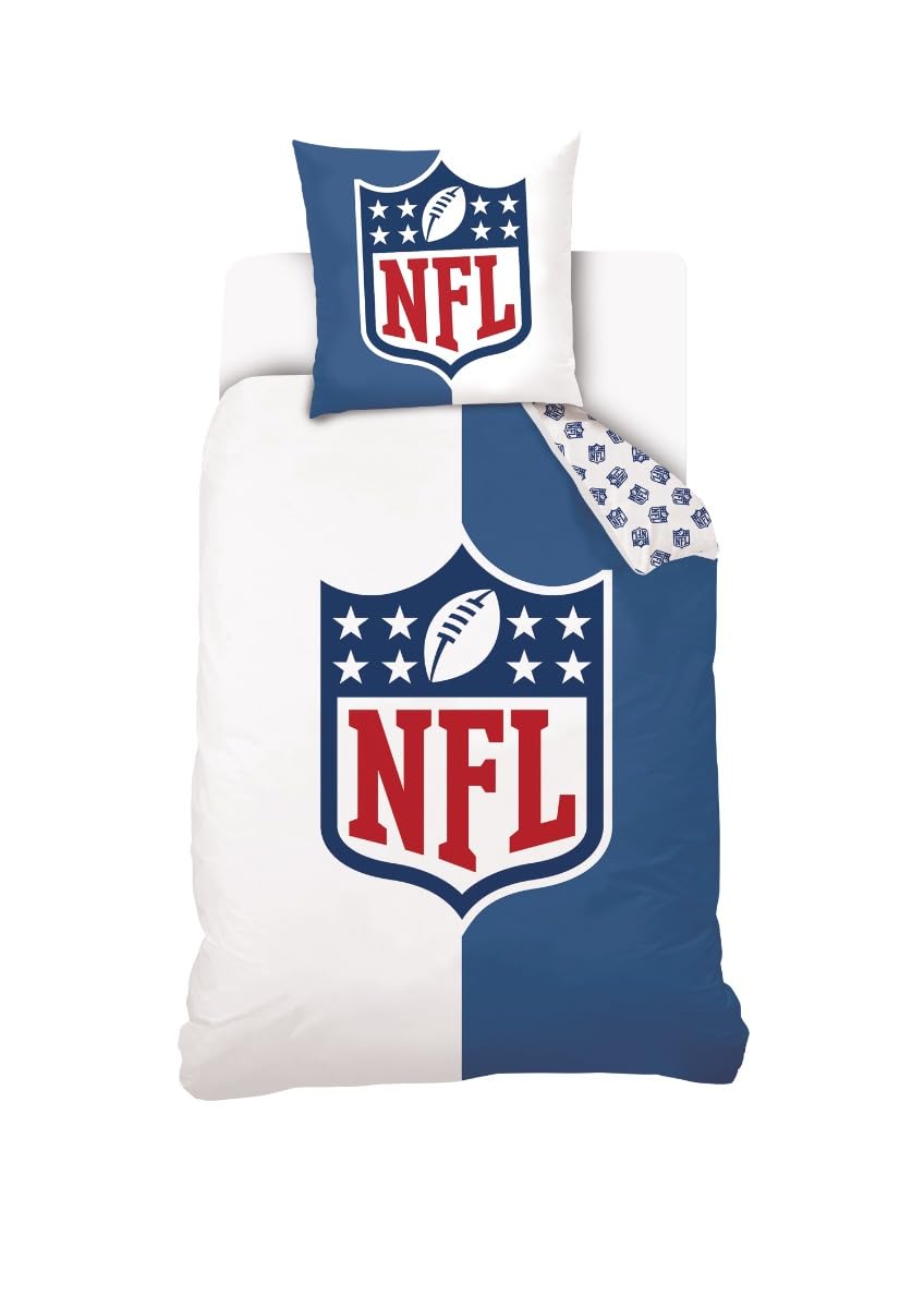 SAHINLER créateur d'univers NFL - Housse De Couette Football Américain Logo NFL 140x200 cm + 1 Taie d'oreiller 63x63 cm - 100% Coton - Bleu