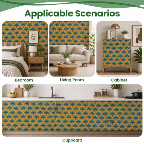 Image of Mustard Yellow & Teal Japanese Tree Peel and Stick Wallpaper - Modern Botanical Self Adhesive Wallpaper Roll for Living Room, Bedroom, Dining Room, Office, Cabinet
