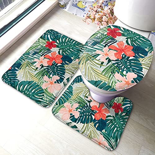 UBINYSS Badematte + Konturmatte + Toilettendeckelbezug, tropische Pflanzen Blumen 3 Stück Badematte Set, mit rutschfester Klebeunterseite
