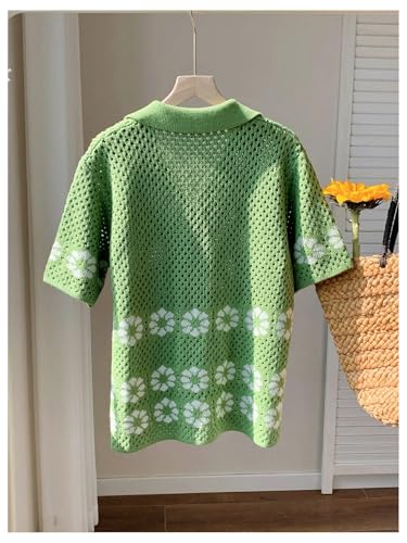 Women's Floral Crochet Sweater Cardigan Hollow Out Button Down Short Sleeve Collared Sweaters2