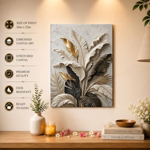 Image of PAINTINGMANTRA Textured Embossed Leaf Floral Canvas Wall Art Painting for wall decoration, Neutral & Gold Tropical Leaf Motifs Flower Stretched Canvas Painting for living room, bedroom, Office, 22x34 Inch