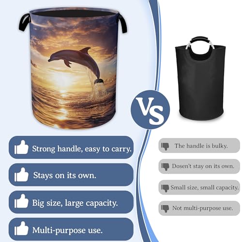 Image of Dolphins Laundry Basket,Foldable Oxford Cloth Sunset Laundry Hamper With Handle, 20.8 inchx16 inch Portable Clothes Storage Basket Bag for Laundry Room /Bathroom /Bedroom /Dormitories