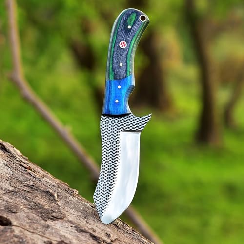 Wolf Cut Custom Handmade Farrier Rasp Steel Bull cutter knife Cowboy knife Hunting knife Camping knife with Pancake Leather Sheath (Blue wood)
