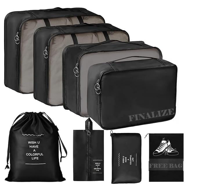 Finalize 8pcs Set Travel Organizer Packing Cubes Lightweight Travel Luggage Organizers with Laundry Bag or Toiletry Bag Laundry Organiser (Black, 8 PCS) (1)