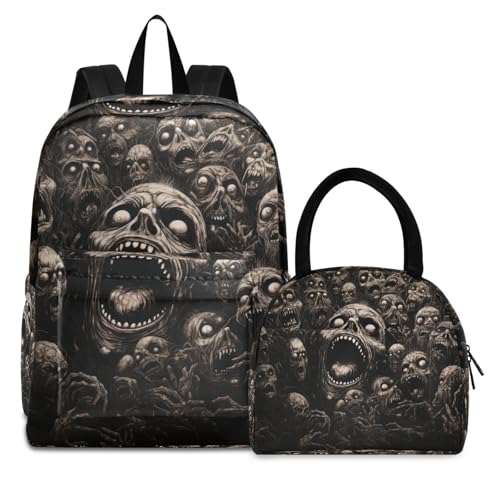 Backpack Lunch Box Set Large Capacity Travel Backpacks and Insulated Lunch Bag for Commute Hiking Picnic Zombies Faces Print