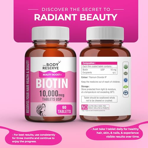 Image of The Body Reserve Biotin 10000 mcg Tablet -60 Veg Tablets, Biotin Tablets For Hair, Skin & Nails, Hair Vitamins Biotin Supplement For Men & Women 2 Month's Supply Pack