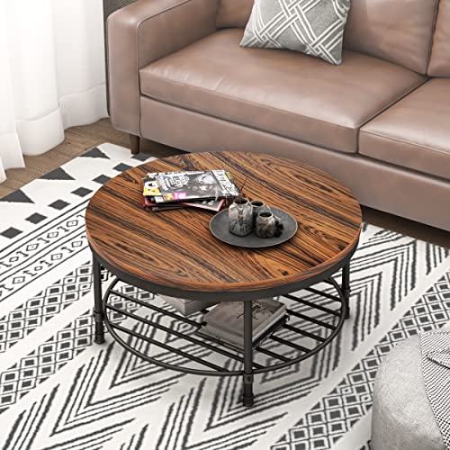 Image of Round Coffee Table, Rustic Wood Surface Top & Sturdy Metal Legs Industrial Sofa Table for Living Room Natural End Table Modern Design Home Furniture with Storage Open Shelf(Dark Red Brown)
