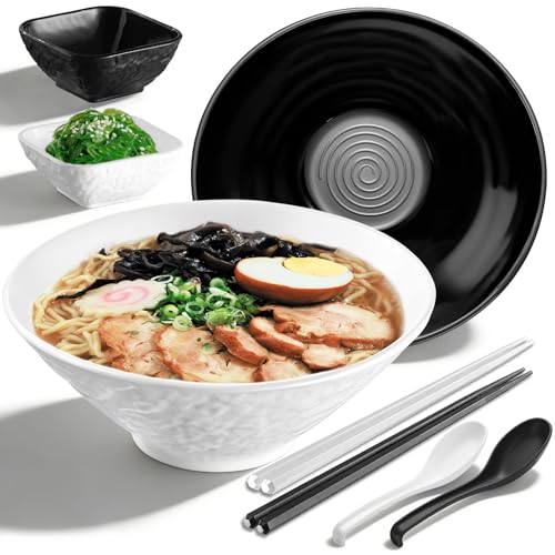 Kyraton Set de Bols à Ramen 1200ml : 2 Grands Bols de Soupe Indestructibles de Style Japonais avec Baguettes, Bols à Tremper et Cuillères pour Pho...