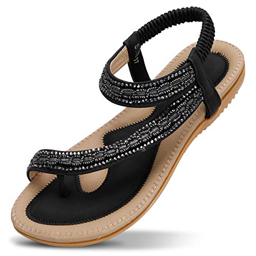 ZOEREA Sandales Plates Femme Mode Été Bohème Strass Fleurs Cuir PU Tongs Peep Toe Confortables...