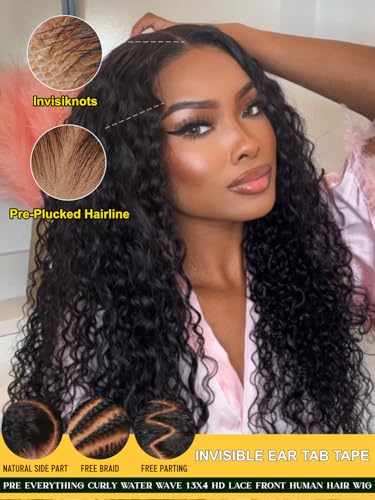 Image of Bouncy Water Wave Curly Human Hair Wigs Pre Cut 13x4 HD Lace Frontal Pre Everything Glueless Big Curly Water Wig 180% Density Pre Plucked Bleached Knots Put On and Go 20Inch Beginner friendly