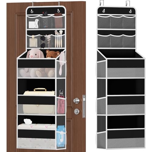 Image of SpaceHacks 5-Tier Over the Door Organizer with Mesh Pockets, Baby Nursery Storage for Closet, Bathroom and Bedroom, Adjustable Hanging Closet Organizer for Cosmetics, Books and Essentials(Black)