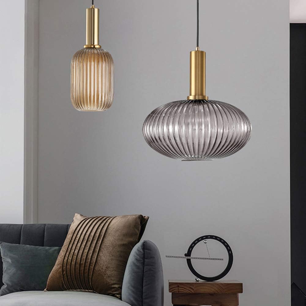 Modern Pendant Light Fixtures for Kitchen Island, Farmhouse Striped Glass Pendant Lighting with Gold Socket, Stylish Ceiling Light for Dining Room and Living Room (5.12'', Amber)