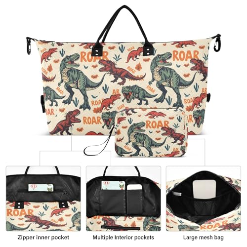 Cartoon Dinosaur Yellow Large Travel Duffle Bag Weekender Overnight Bags Gym Yoga Bag for Women Men with Toiletry Bag2