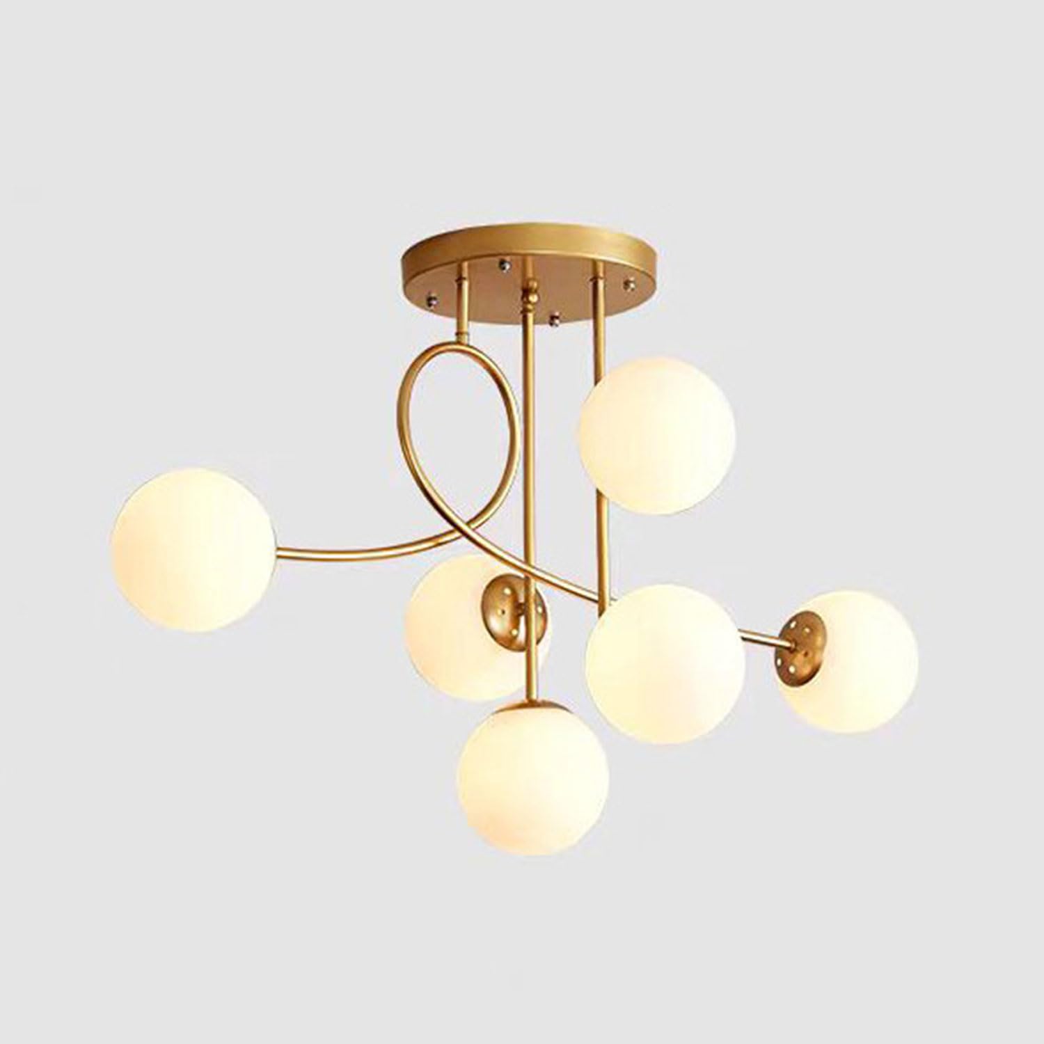 Moddeny 6 Lights Modern E27 Ceiling Chandelier, Vintage Metal Pendant Chandelier with Sphere Glass Lampshade for Bedroom Living Room Kitchen Loft 90cm Diameter(Gold + White)