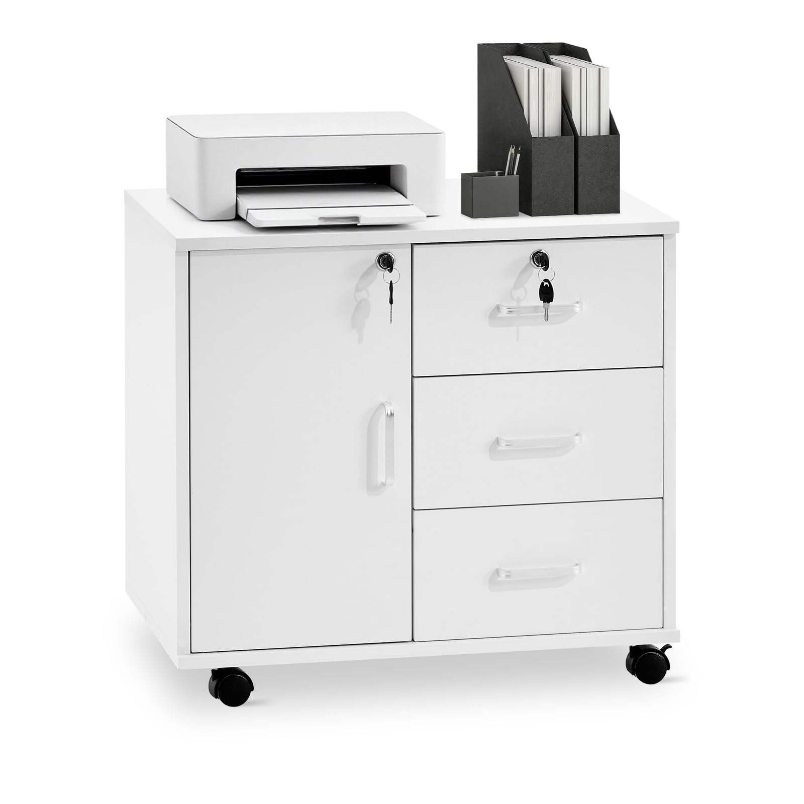 TUKAILAi Archivador Móviles con 4 Cajones y Cerradura, Armario de Oficina con Ruedas, Armario Multiusos con Gran Almacenaje para A4 Documentos en Formato Carta 40 x 60 x 57 cm (Blanco)
