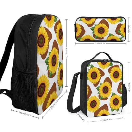 3 Pcs Backpack Set Travel Backpack Casual 17 Inch Daypack Cow Print Sunflower College Bookbag with Insulated Lunch Bag and Pencil Pouch2