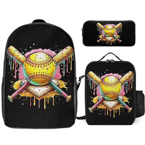 Softball Home Plate Dripping Game Day 77 Backpack Set 3 Pieces Backpacks Lunch Bag Wallet For Travel Outdoor Sports